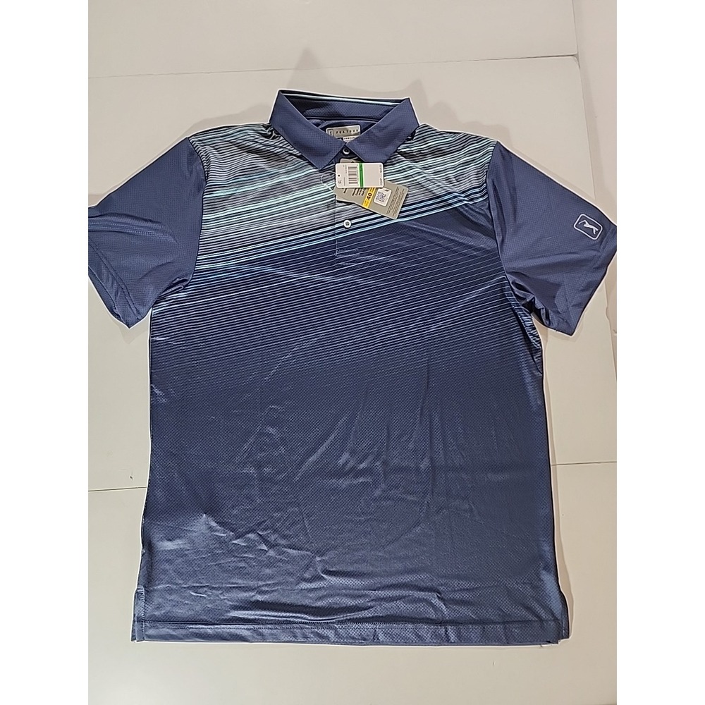 PGA TOUR Pro Series Golf Polo Men's L Blue Indigo Asymmetric Stripe UPF 40 NWT